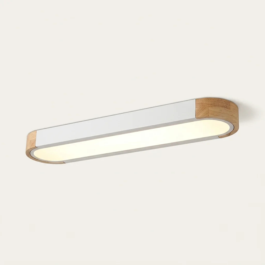 Plafonnier LED allongé blanc avec embouts en bois