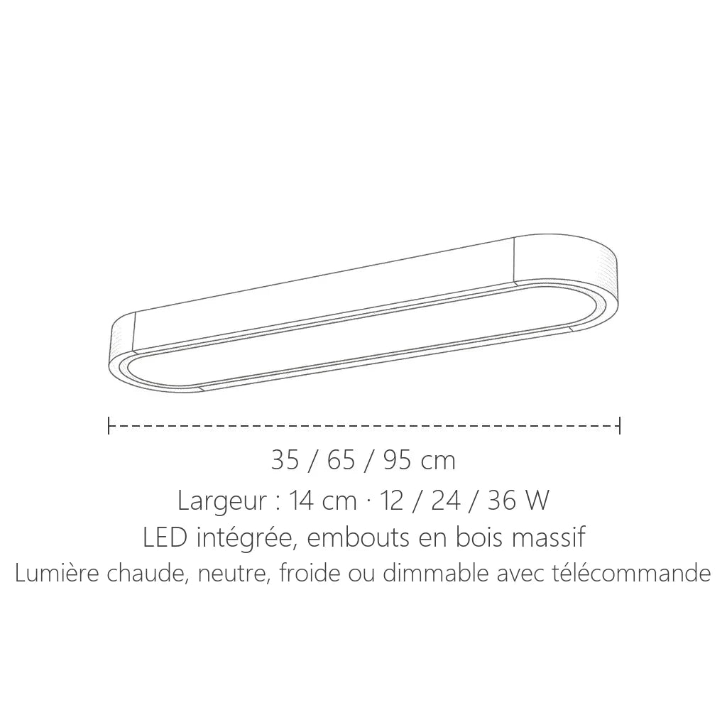Dimensions du plafonnier LED allongé bois : 35, 65 ou 95 cm, largeur 14 cm