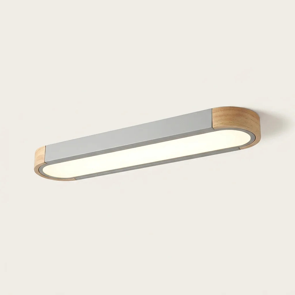 Plafonnier LED allongé gris avec embouts en bois