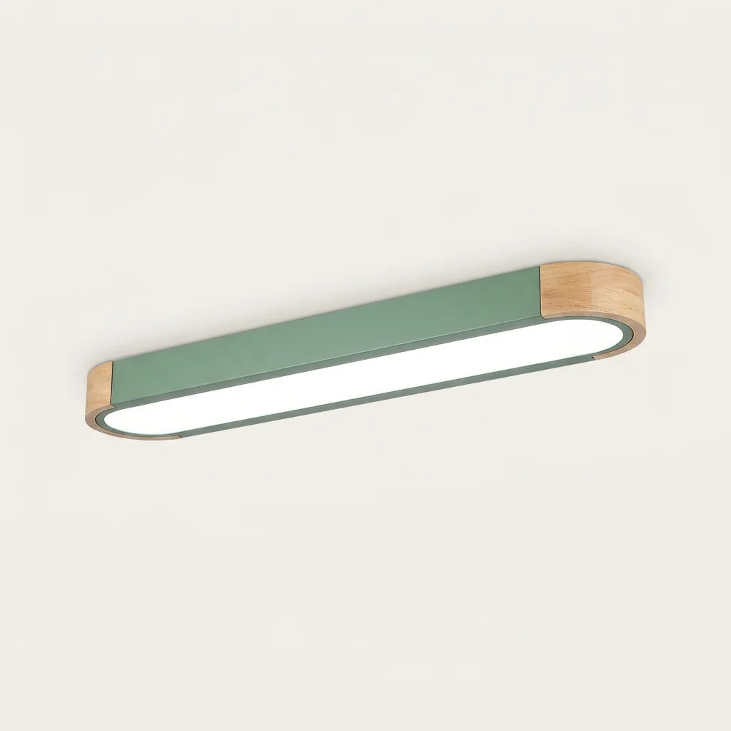 Plafonnier LED allongé vert avec embouts en bois