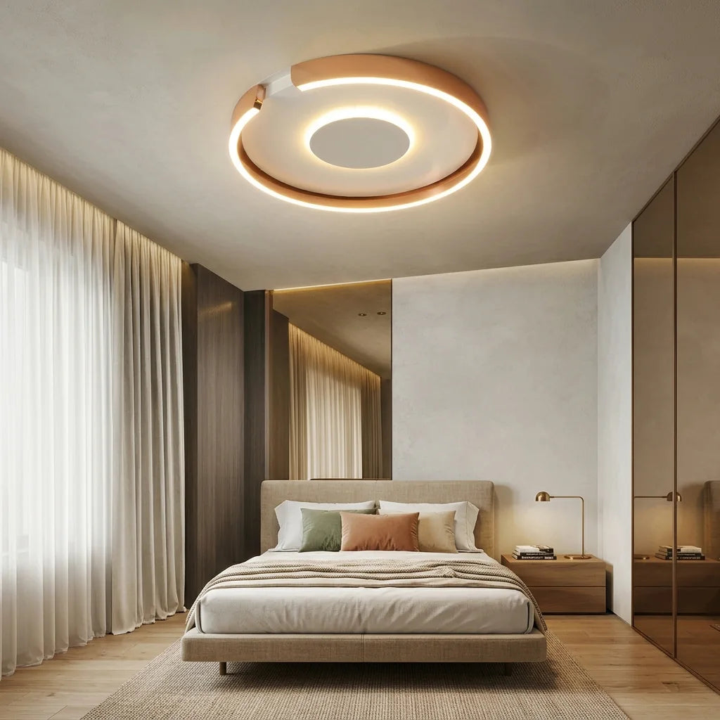 Plafonnier LED anneau or rose dans une chambre élégante
