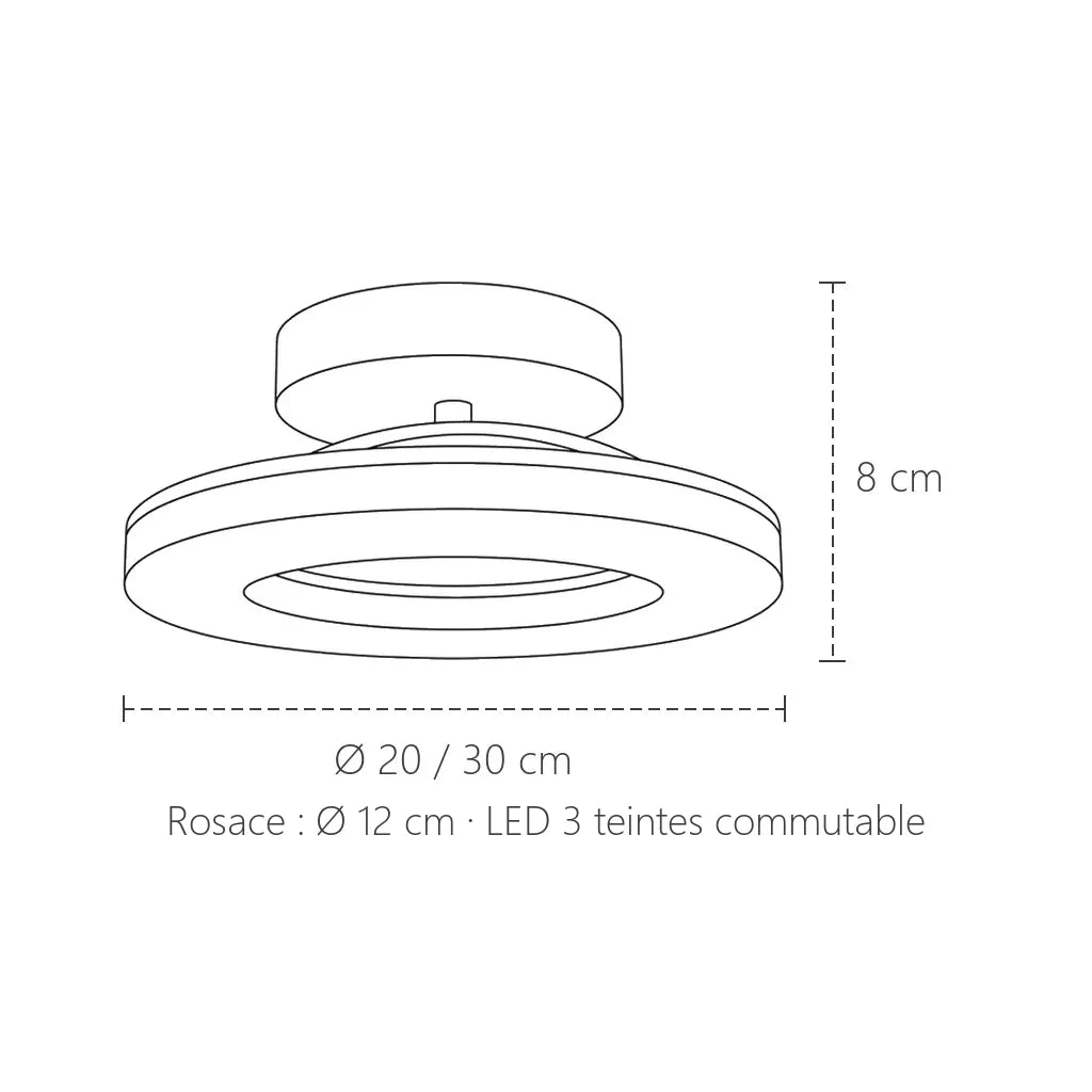 Dimensions du plafonnier LED anneau : Ø 20 ou 30 cm, 8 cm de haut