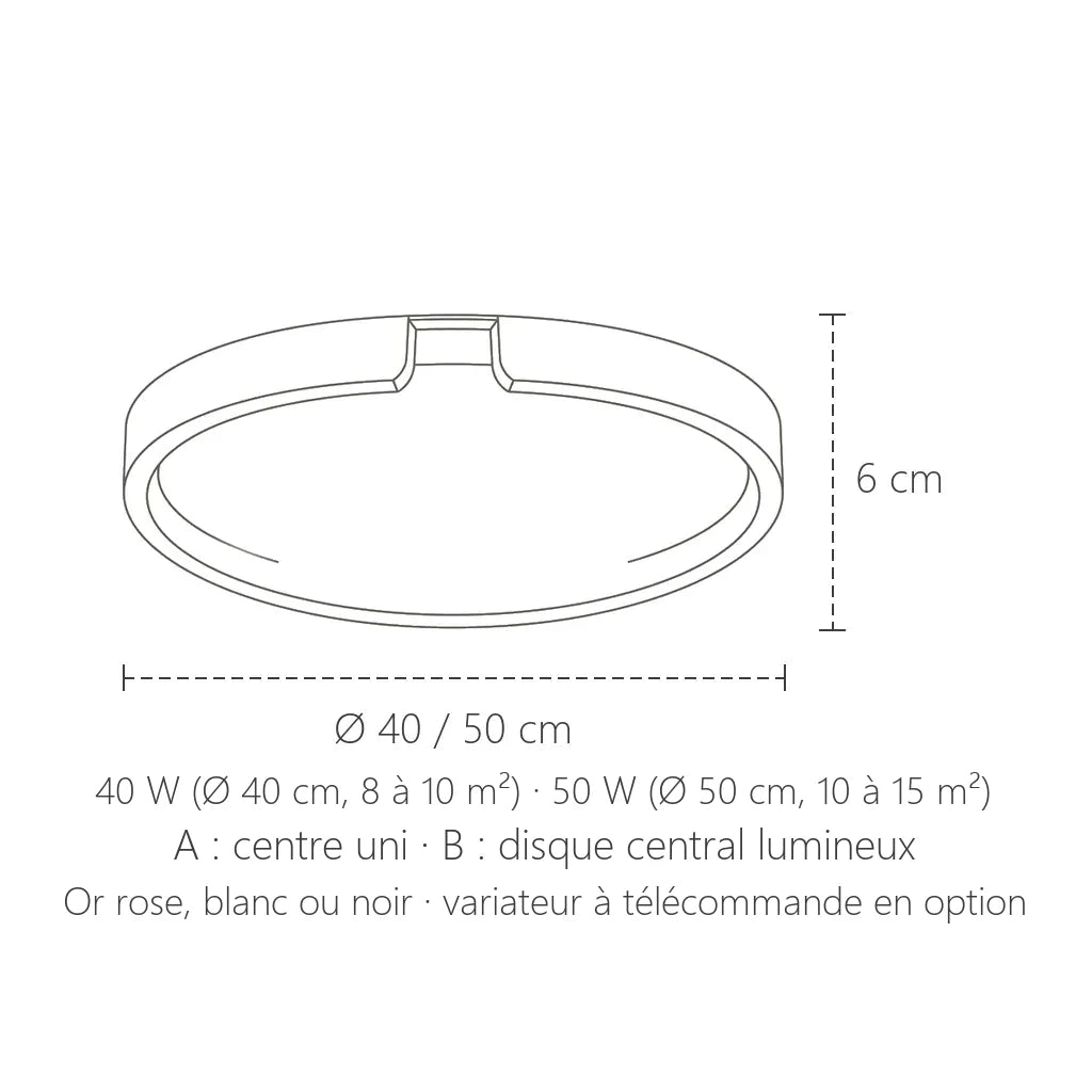 Dimensions du plafonnier LED anneau : Ø 40 ou 50 cm, 6 cm de haut