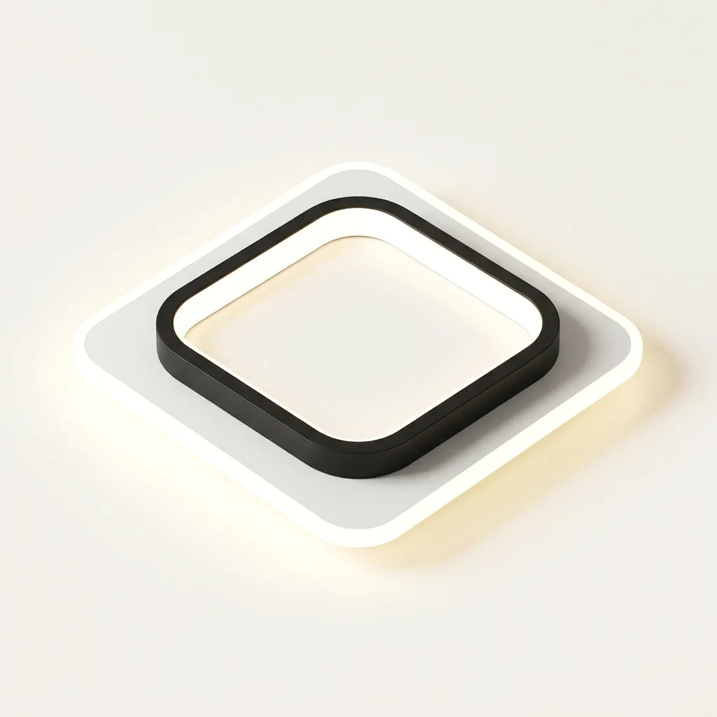 Plafonnier LED carré, cadre noir sur base blanche lumineuse