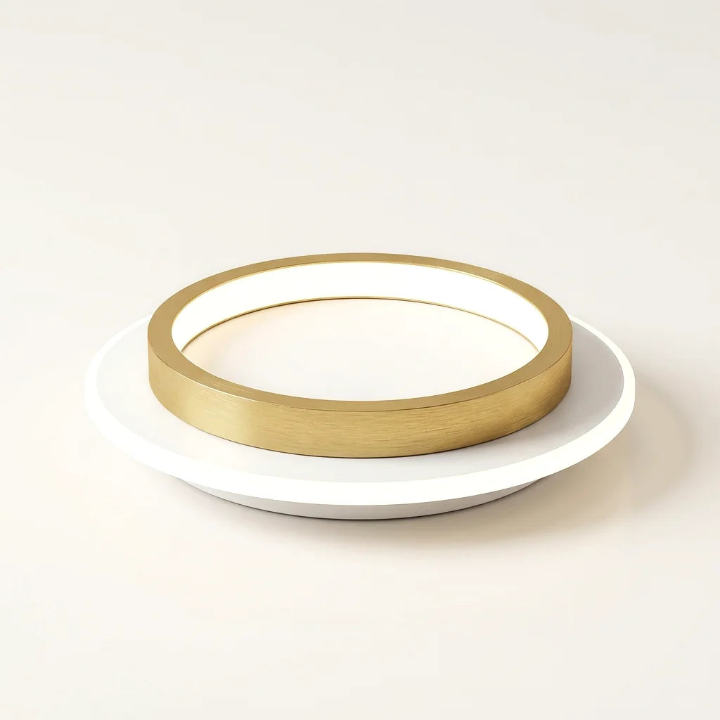 Plafonnier LED rond, anneau doré sur disque blanc lumineux