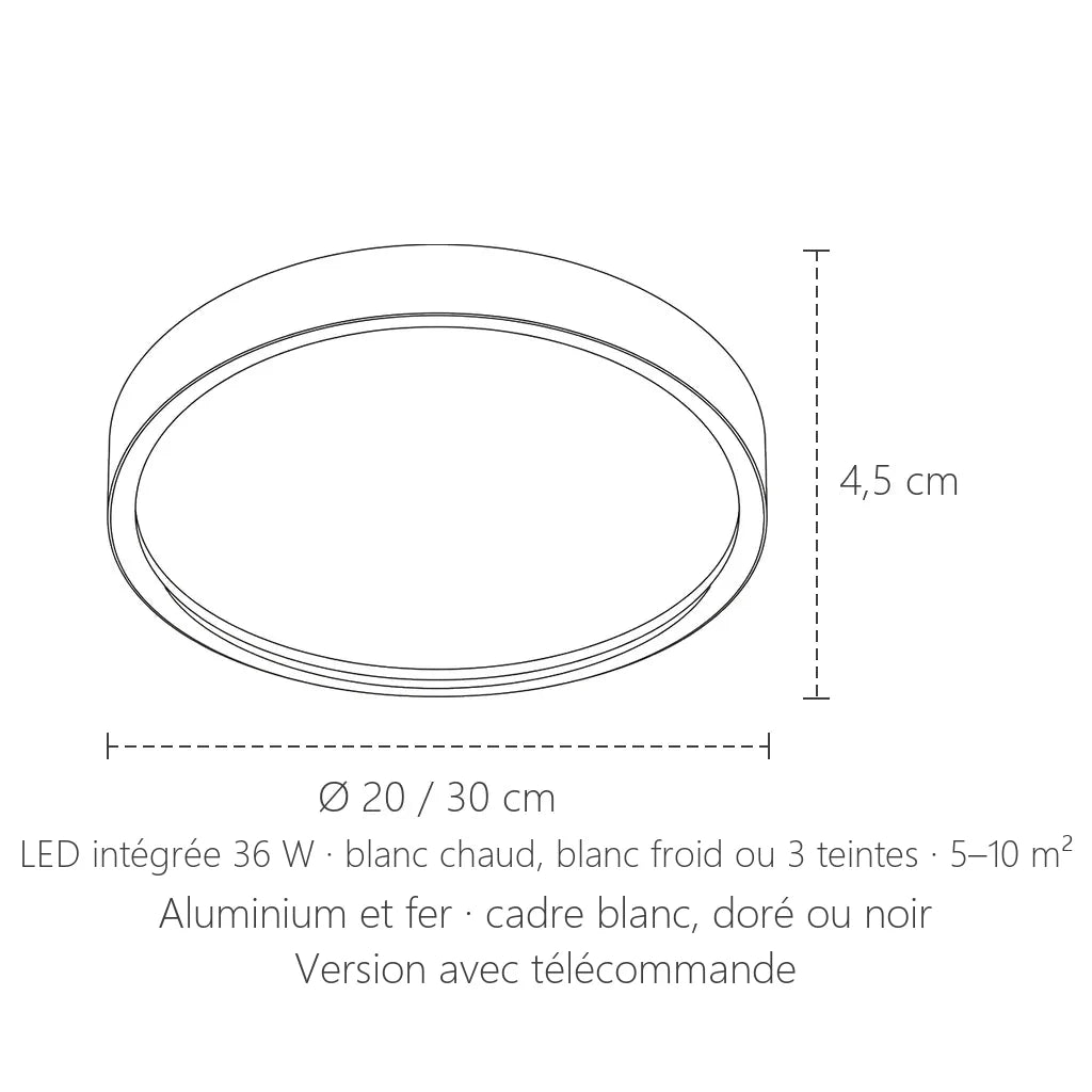 Dimensions du plafonnier LED anneau fin : Ø 20 ou 30 cm, 4,5 cm de haut