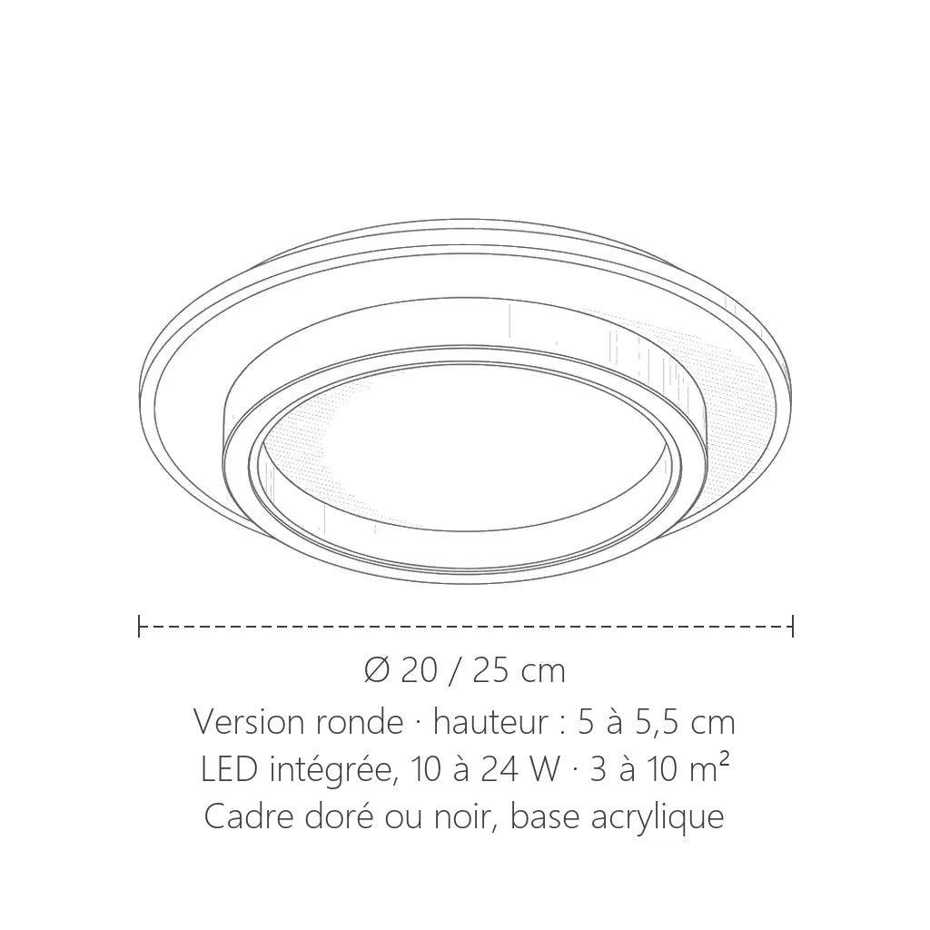 Dimensions du plafonnier LED anneau rond : Ø 20 ou 25 cm, 5 à 5,5 cm de haut