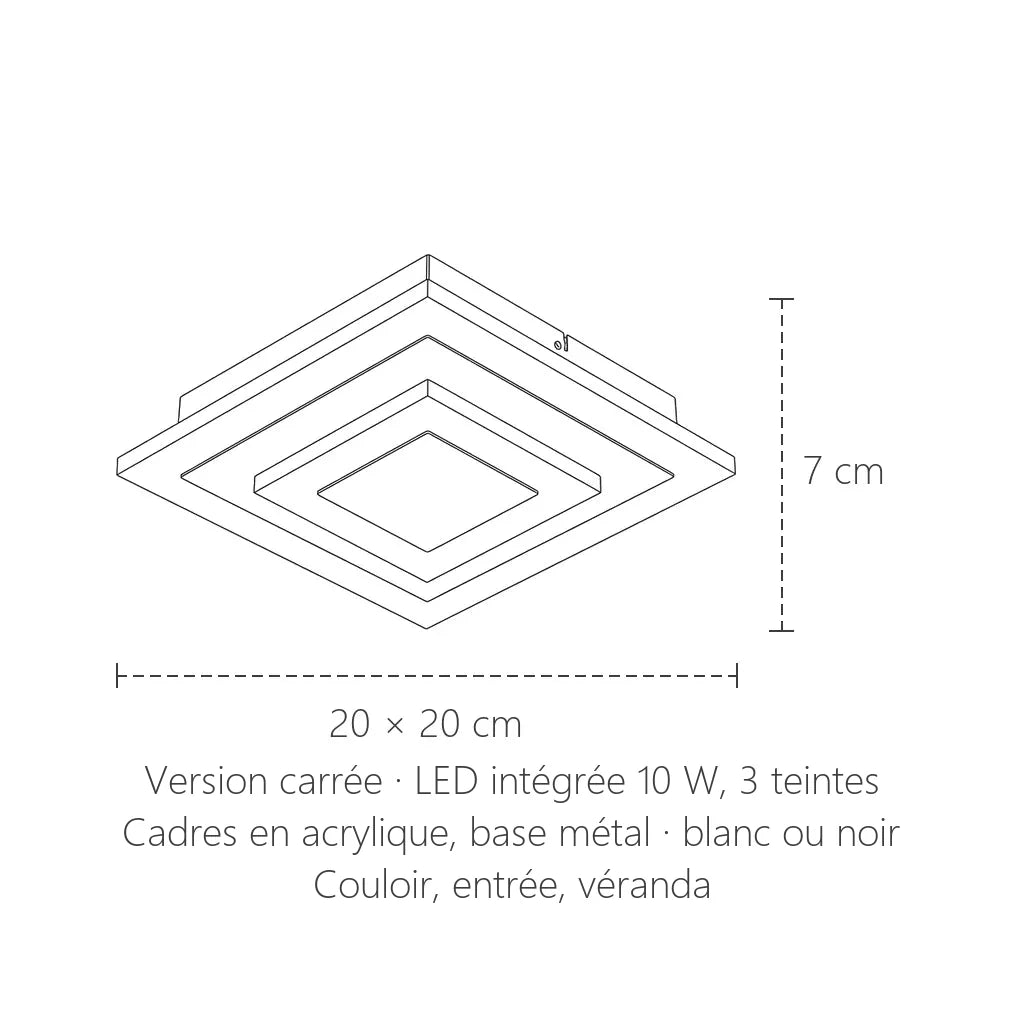 Dimensions du plafonnier LED à cadres acryliques carré : 20 × 20 cm, 7 cm de haut