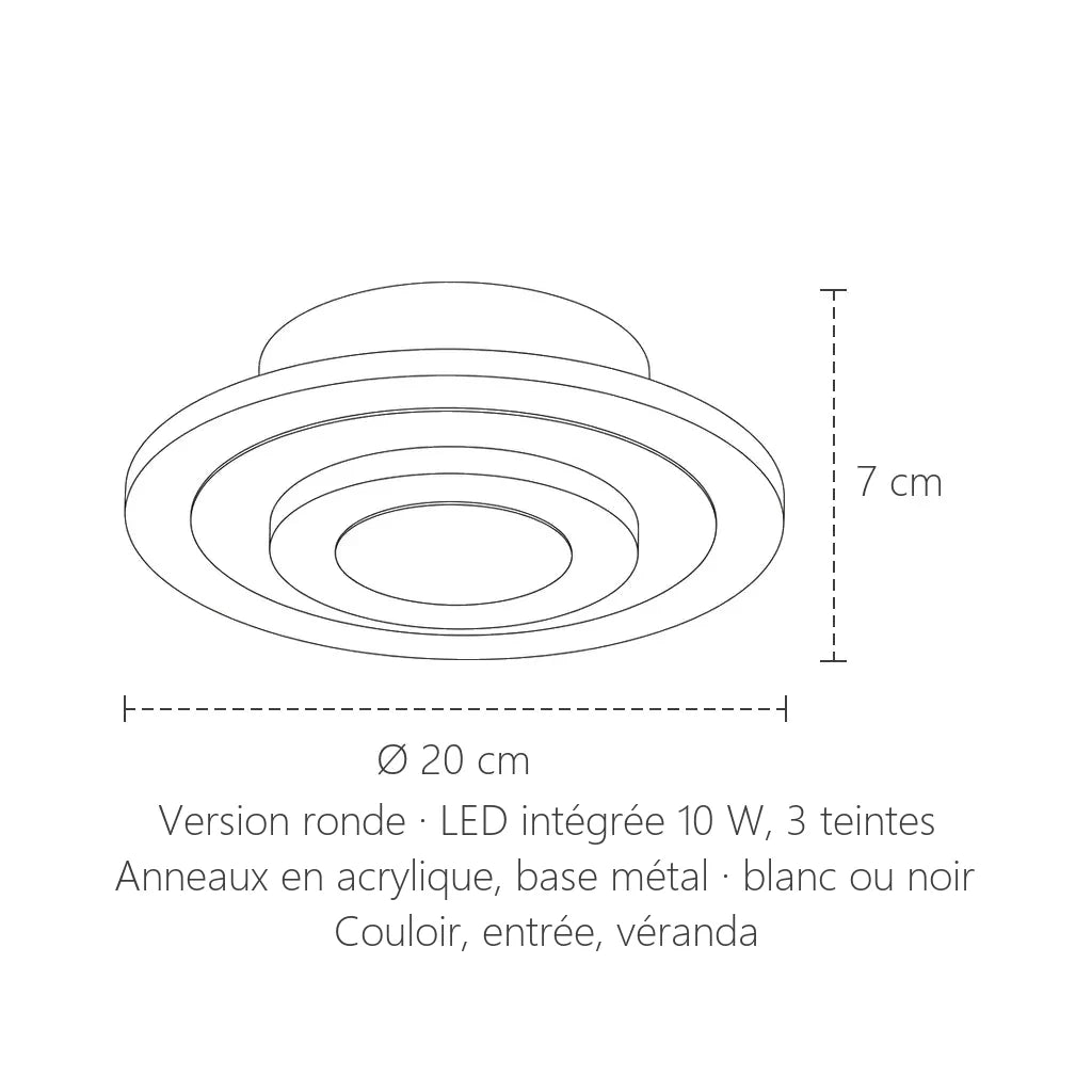 Dimensions du plafonnier LED à anneaux acryliques rond : Ø 20 cm, 7 cm de haut