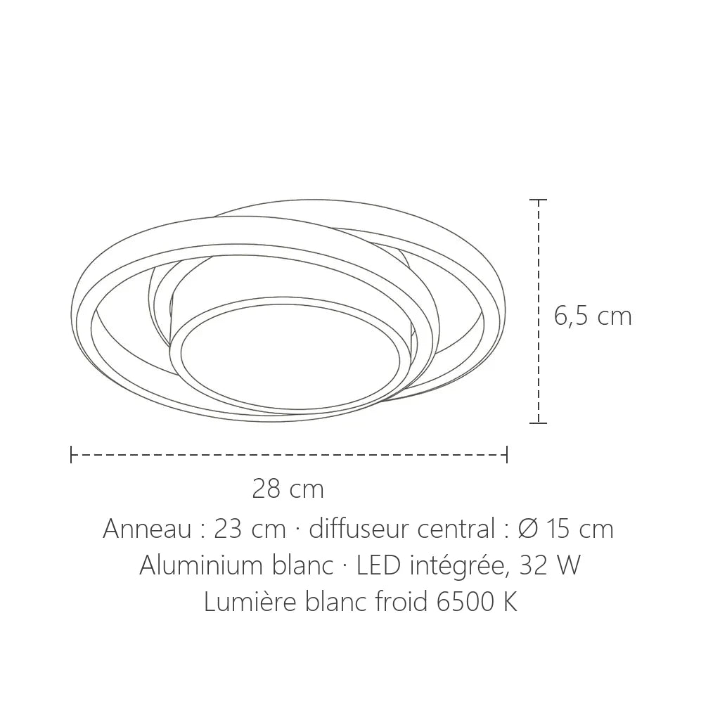 Dimensions du plafonnier LED anneaux blanc : 28 cm, hauteur 6,5 cm