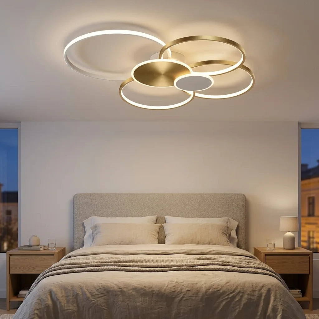 Plafonnier LED anneaux au-dessus d’un lit, lumière tamisée