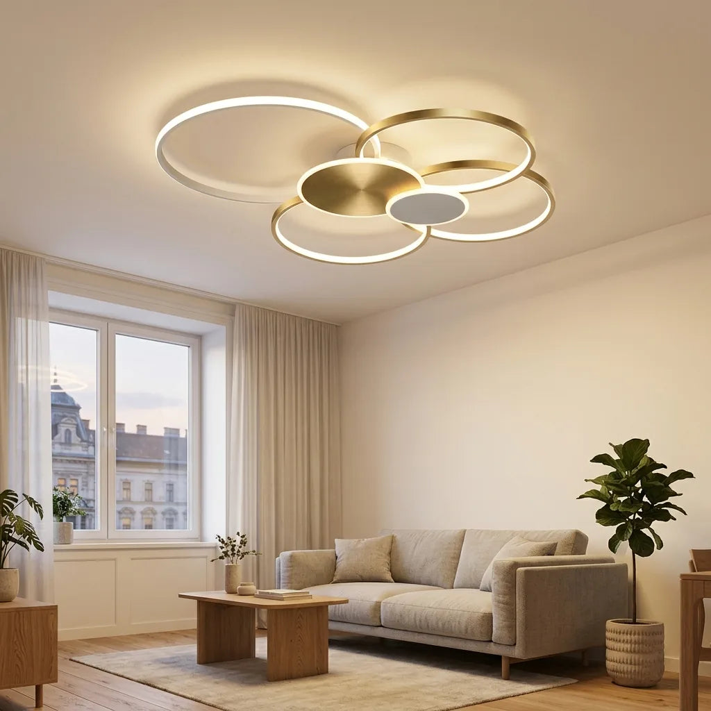 Plafonnier à anneaux dorés dans un salon lumineux