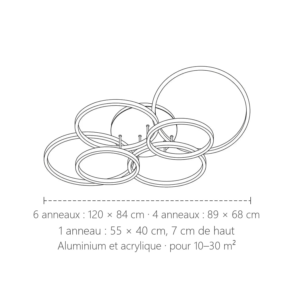 Dimensions du plafonnier LED à anneaux : 120 × 84 ou 89 × 68 cm
