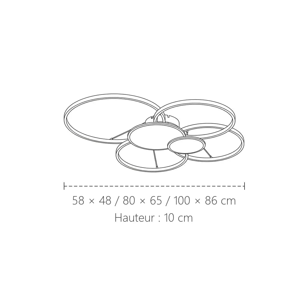Dimensions du plafonnier LED anneaux : 58 × 48 à 100 × 86 cm, 10 cm de haut