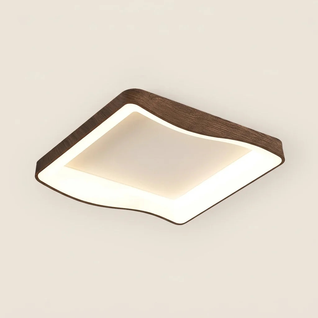 Plafonnier LED carré aux bords ondulés, cadre noyer