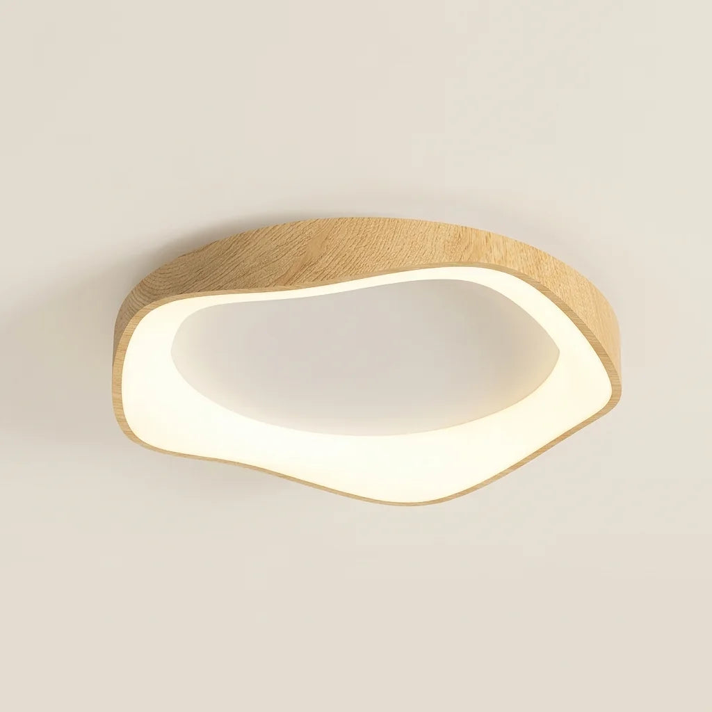 Plafonnier LED forme galet, cadre bois clair