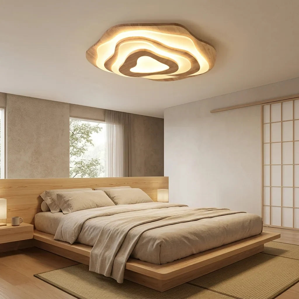 Plafonnier ondulé en bois naturel dans une chambre de style japonais