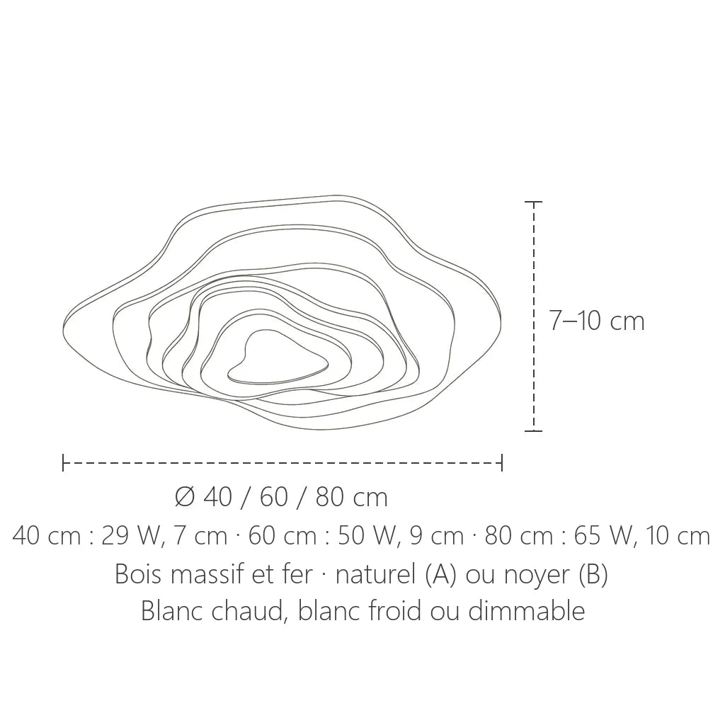 Dimensions du plafonnier LED en bois ondulé : Ø 40, 60 ou 80 cm