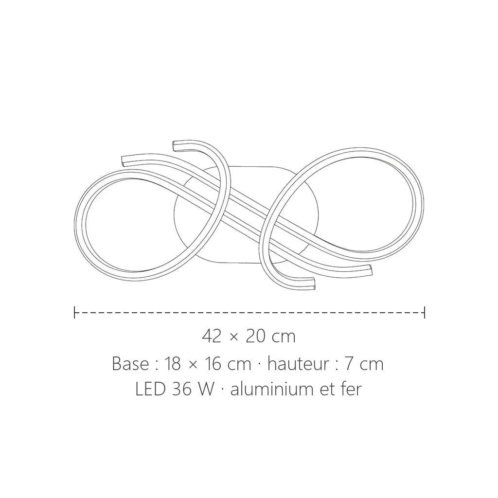 Dimensions du plafonnier LED à boucles : 42 × 20 cm, 7 cm de haut