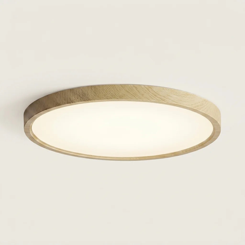 Plafonnier LED extra-plat à cadre en bois naturel, lumière chaude