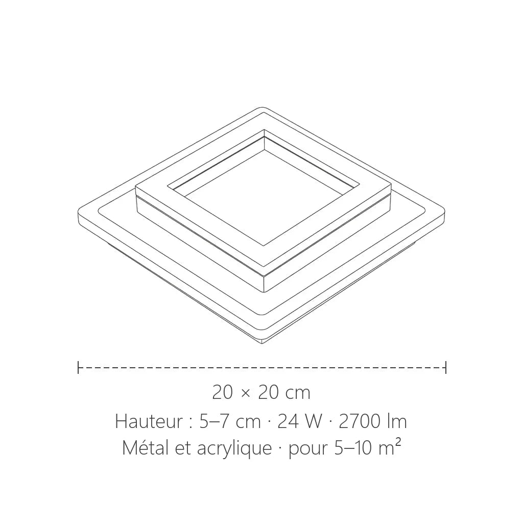 Dimensions du plafonnier LED carré : 20 × 20 cm, 24 W