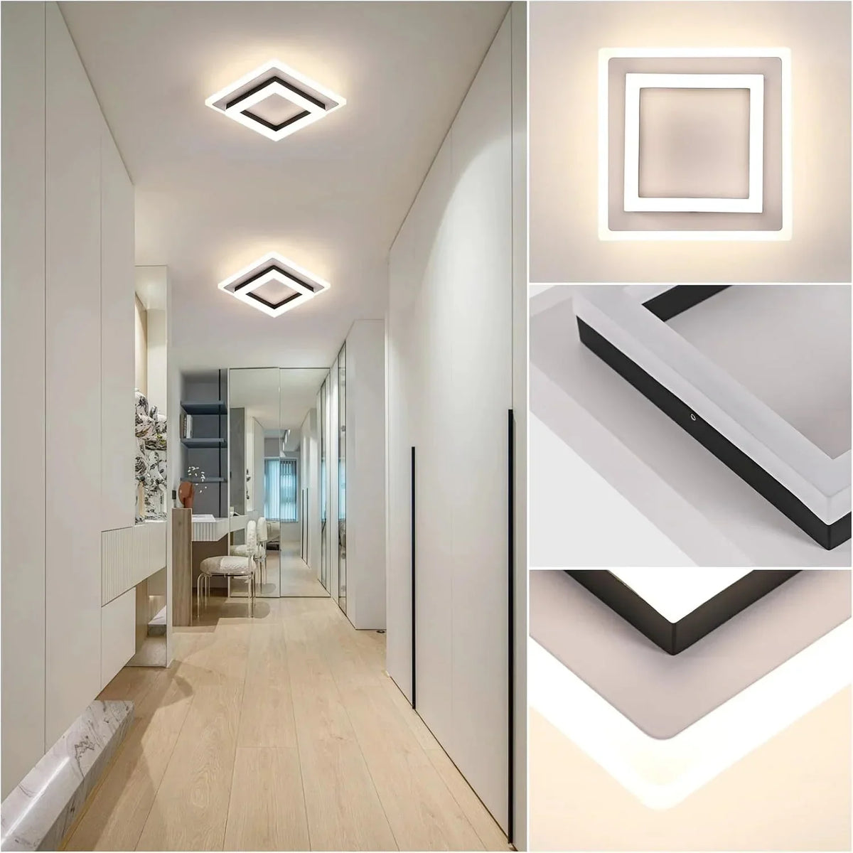 Plafonniers LED carrés dans un long couloir
