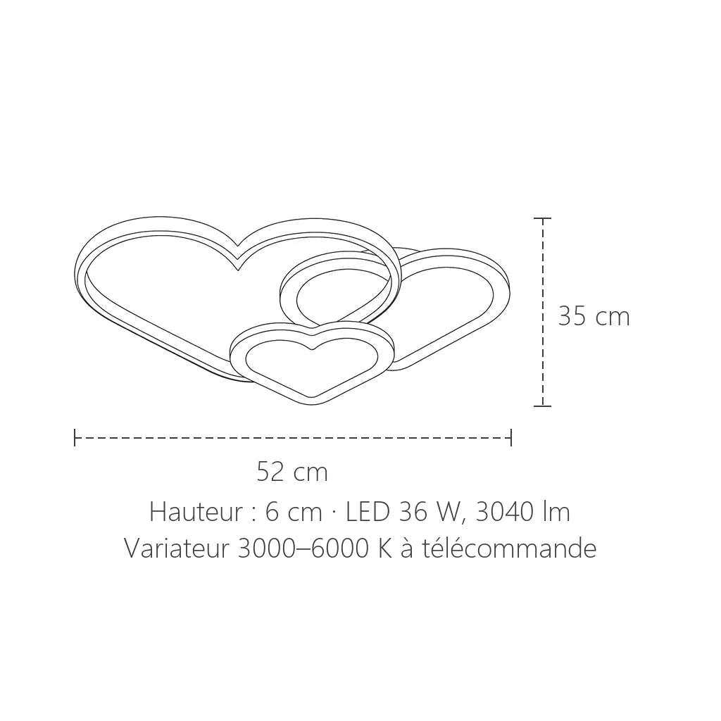 Dimensions du plafonnier cœurs : 52 × 35 cm, 6 cm de haut