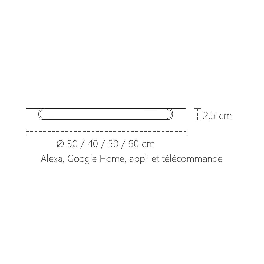 Dimensions du plafonnier LED cadre bois : Ø 30 à 60 cm, 2,5 cm d’épaisseur