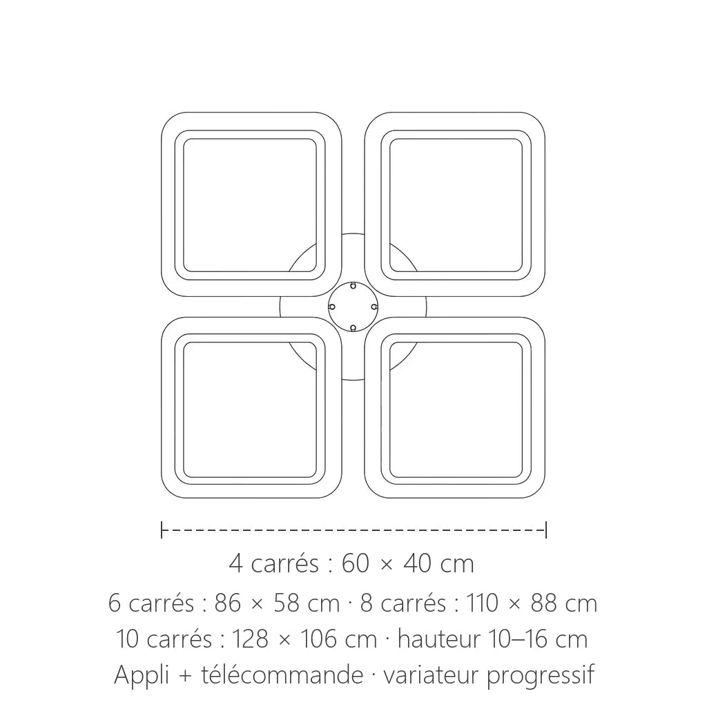 Dimensions du plafonnier LED à carrés : 60 × 40 à 128 × 106 cm