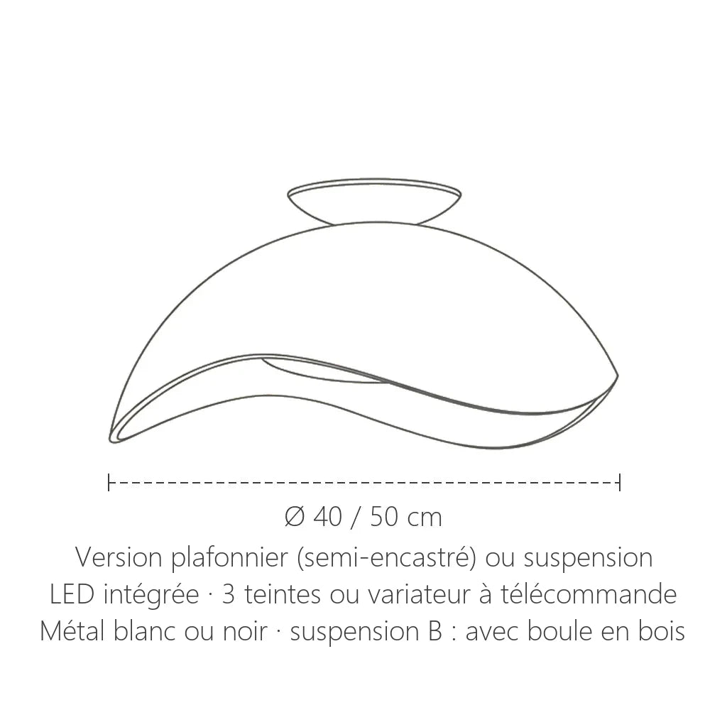 Dimensions du plafonnier LED coupole ondulée : Ø 40 ou 50 cm