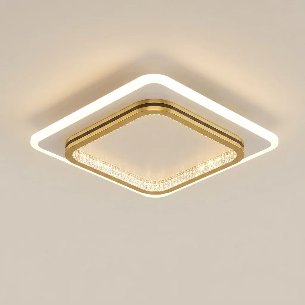 Plafonnier LED cristal carré à cadre doré (A)