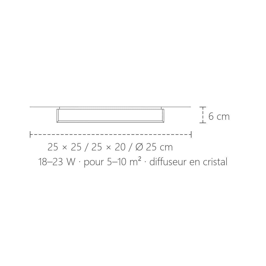 Dimensions du plafonnier LED cristal compact : 25 cm, 6 cm de haut