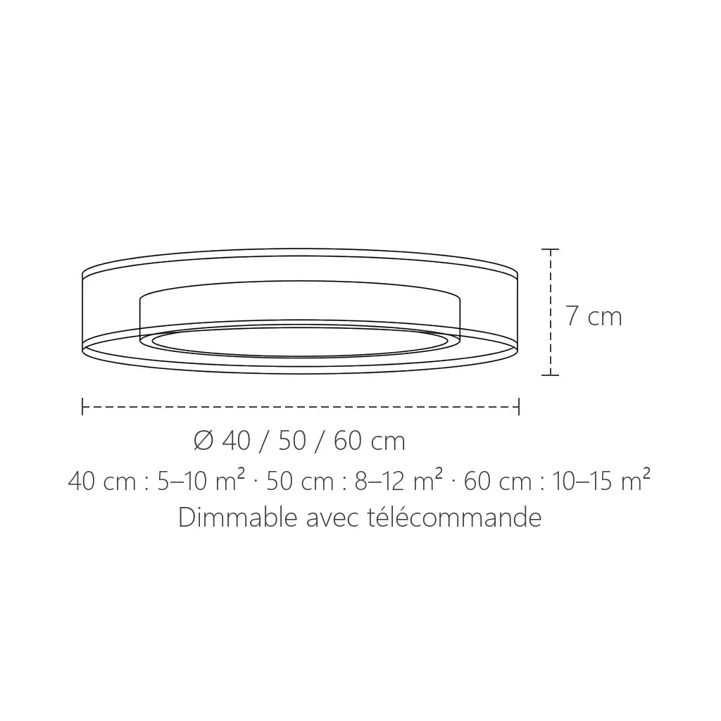 Dimensions du plafonnier LED cuivre à anneau fumé : Ø 40, 50 ou 60 cm, 7 cm de haut