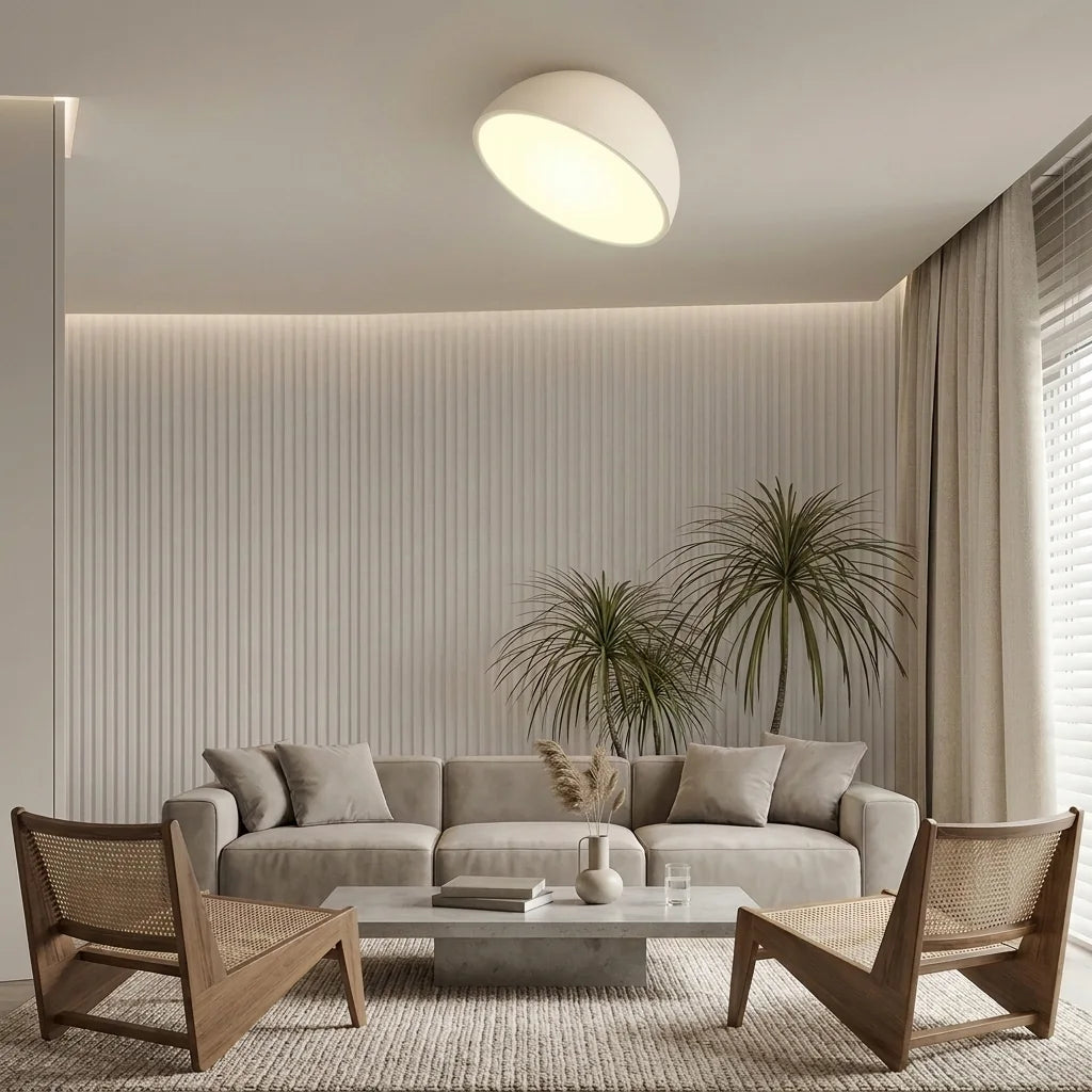 Plafonnier demi-sphère blanc dans un salon à mur cannelé