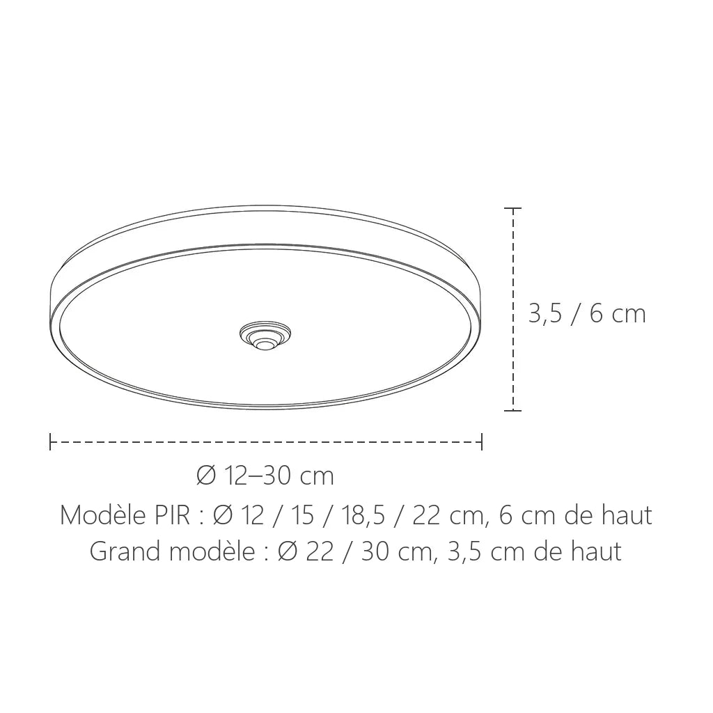 Dimensions du plafonnier LED à détecteur de mouvement : Ø 12 à 30 cm