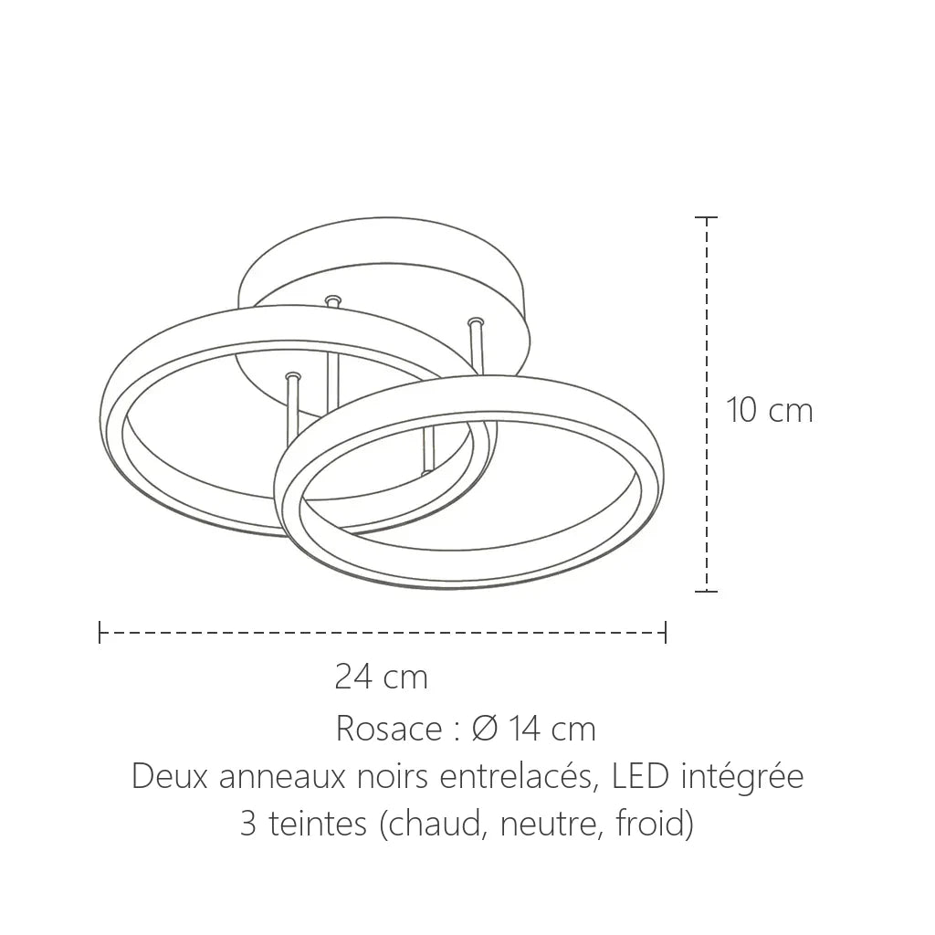 Dimensions du plafonnier LED à deux anneaux entrelacés : 24 cm, 10 cm de haut