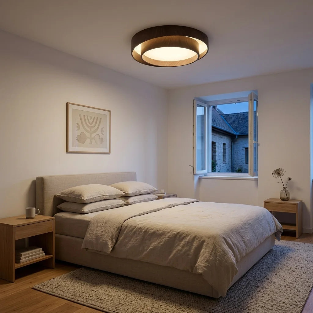 Plafonnier double anneau noyer au plafond d’une chambre paisible