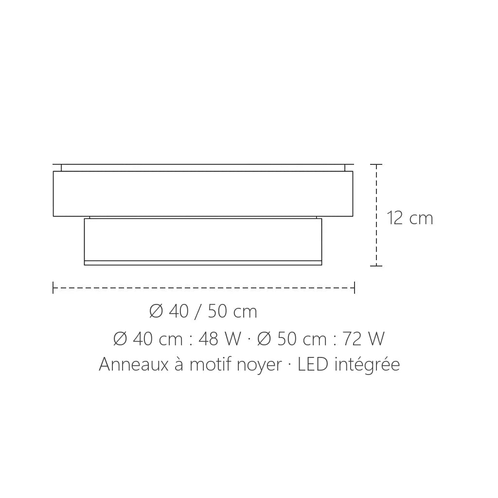 Dimensions du plafonnier LED double anneau noyer : Ø 40 ou 50 cm, 12 cm de haut
