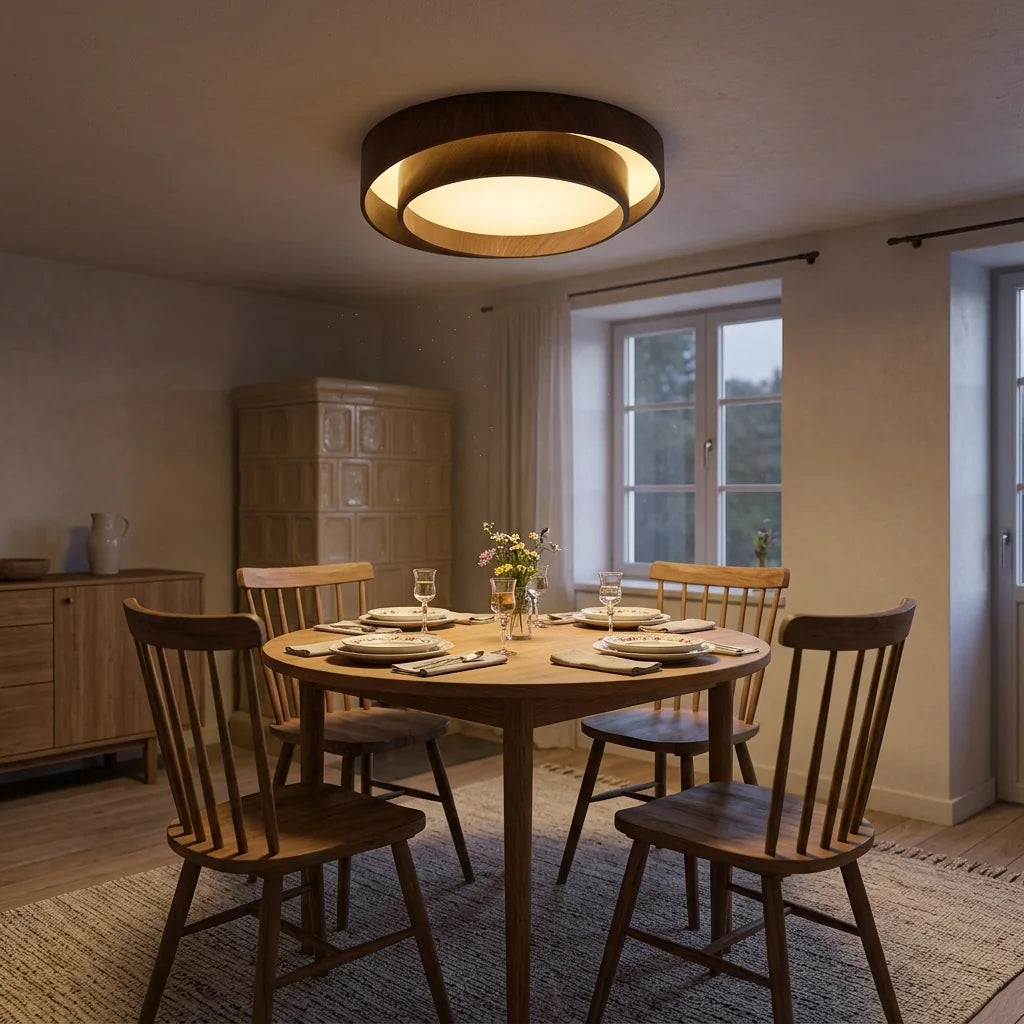Plafonnier double anneau au-dessus d’une table ronde