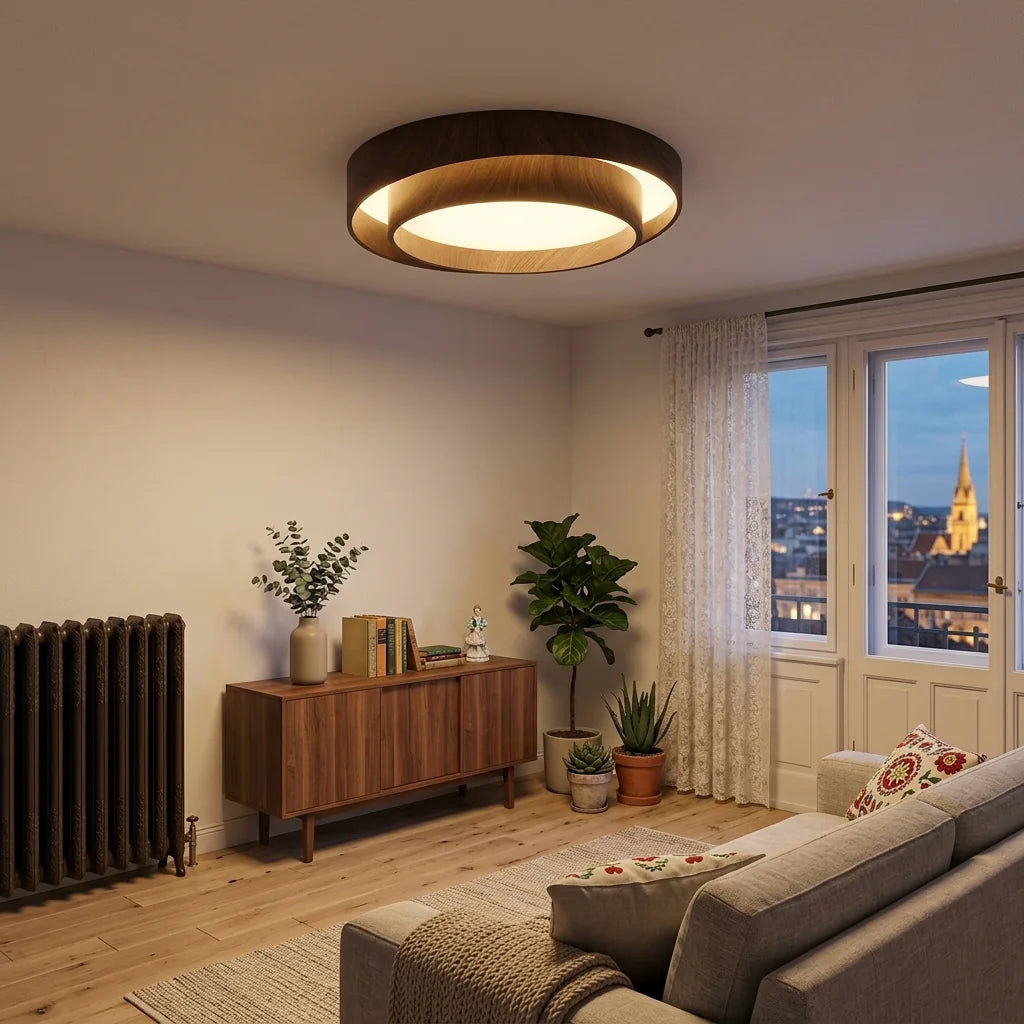 Plafonnier double anneau noyer dans un salon scandinave le soir