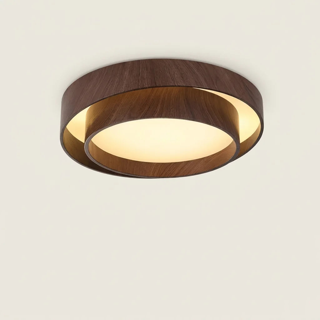 Plafonnier LED à double anneau finition noyer, lumière chaude