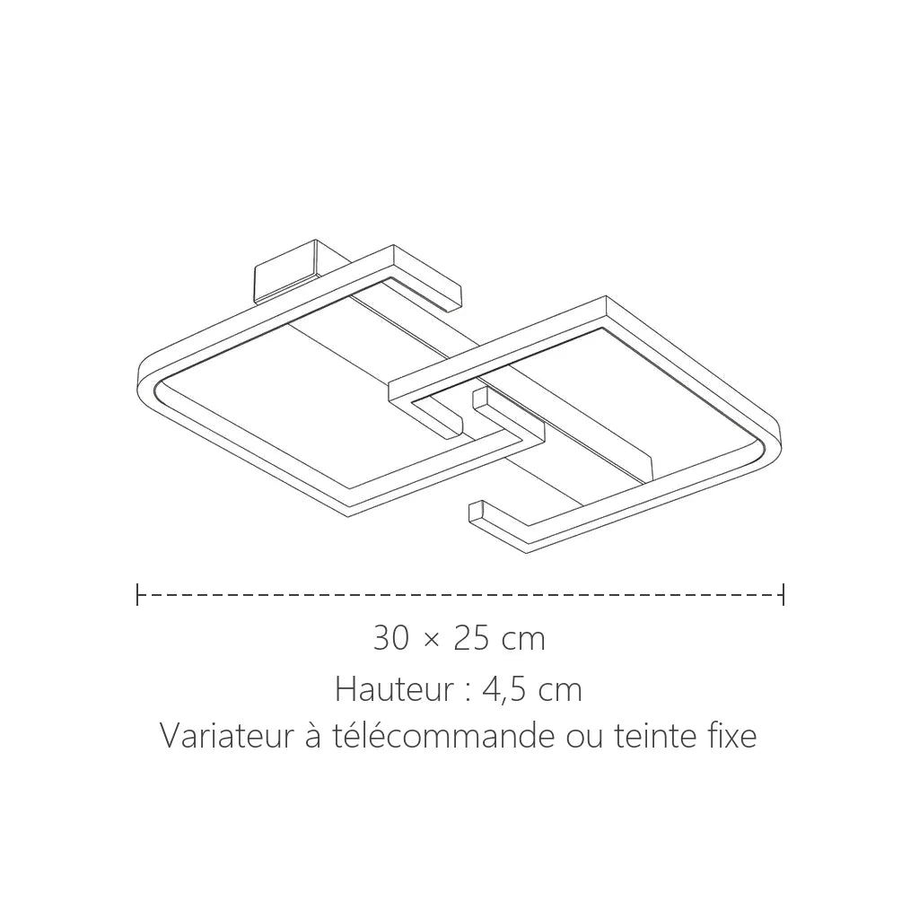 Dimensions du plafonnier LED double carré : 30 × 25 cm, 4,5 cm de haut