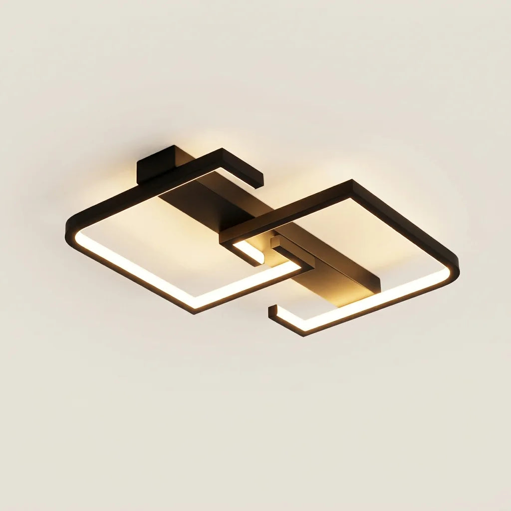 Plafonnier LED noir à deux carrés lumineux décalés