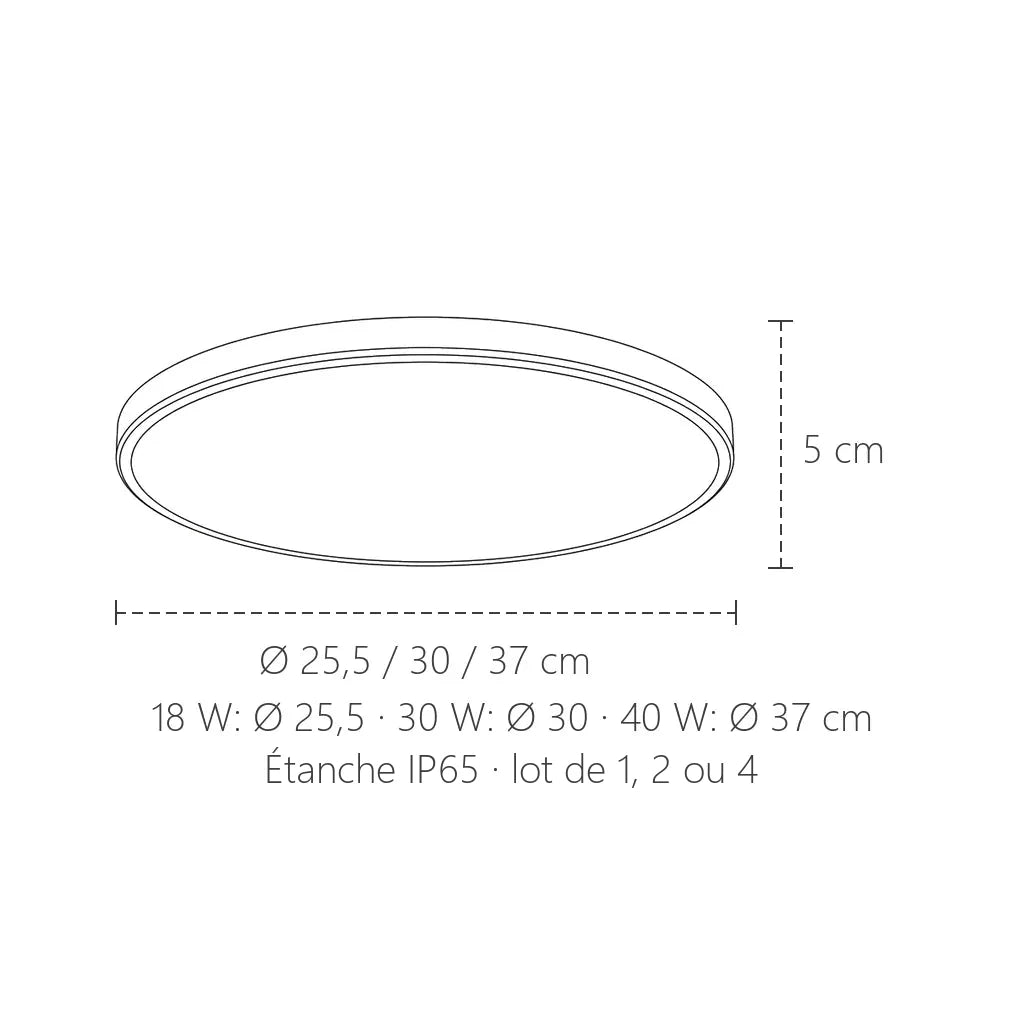 Dimensions du plafonnier LED étanche extra-plat : Ø 25,5, 30 ou 37 cm, 5 cm de haut
