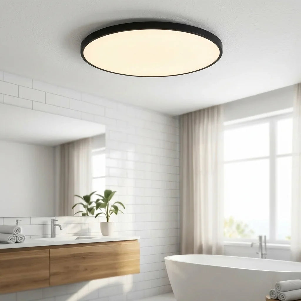 Plafonnier étanche noir dans une salle de bains moderne