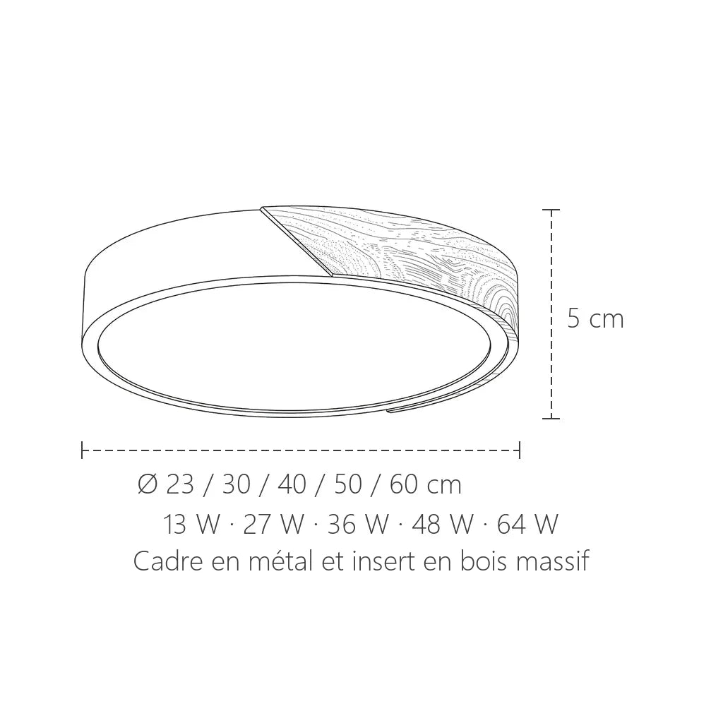 Dimensions du plafonnier LED extra-plat à insert bois : Ø 23 à 60 cm, 5 cm de haut