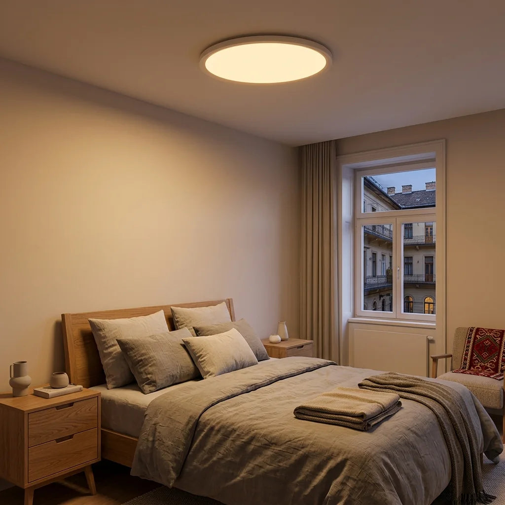 Plafonnier extra-plat dans une chambre, lumière tamisée