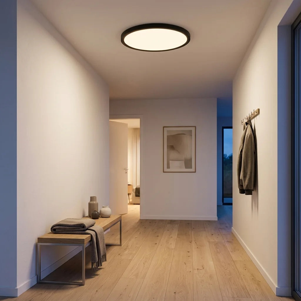 Plafonnier extra-plat à cadre noir dans une entrée