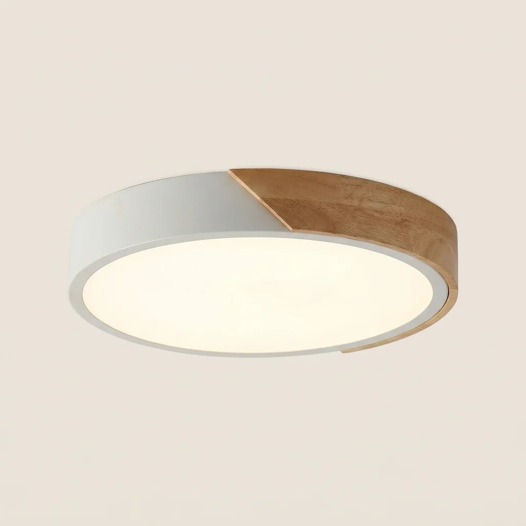 Plafonnier LED extra-plat à cadre blanc et insert en bois