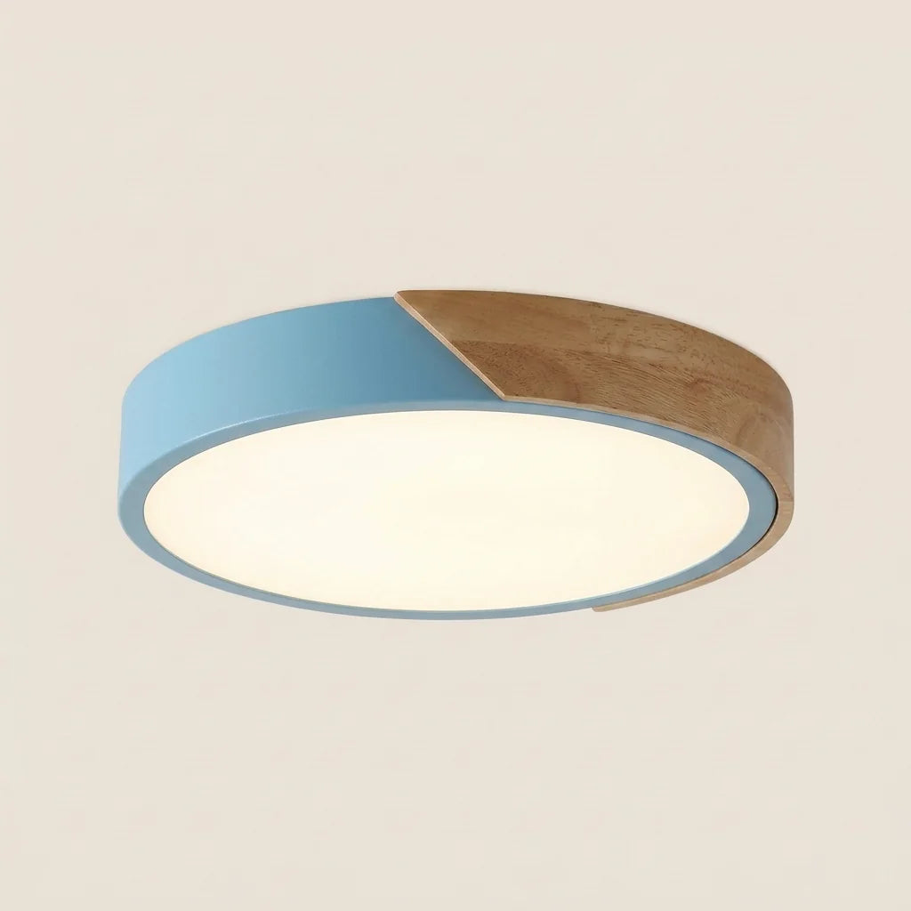 Plafonnier LED extra-plat à cadre bleu et insert en bois